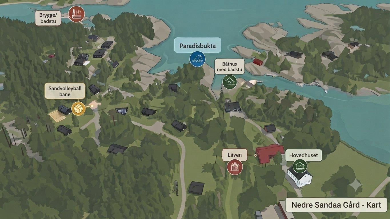 Illustrert kart over Nedre Sandaa Gård med Hovedhuset, Låven, Båthus med badstu, Paradisbukta, sandvolleyballbane og brygge/badstu